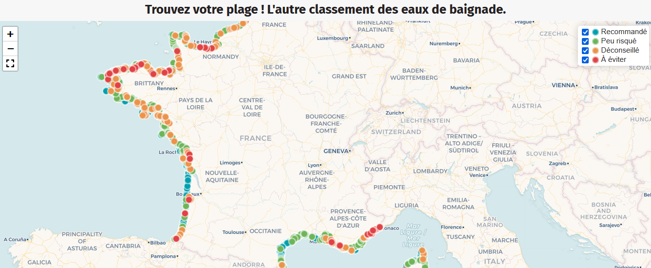 Qualité des eaux de baignade en France selon Eaux & Rivières